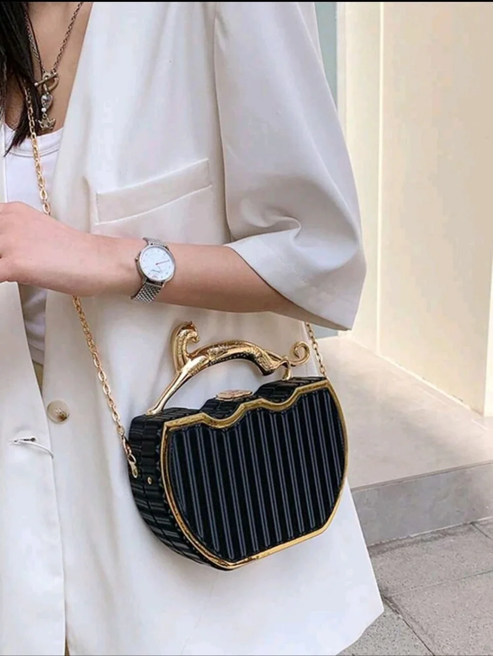 Black Heart-Shape Evening Clutch with Gold Panther Handle